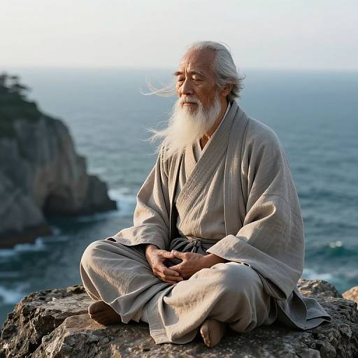 Photograph of an elderly man with a white beard, wearing a light gray kimono, sitting meditatively on a rocky cliff overlooking a blue ocean