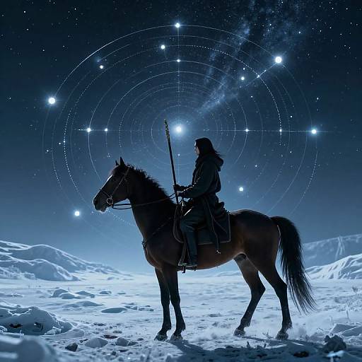 Silhouetted warrior on horse, holding spear, under starry night sky with circular celestial patterns, standing in snowy landscape. Digital art.