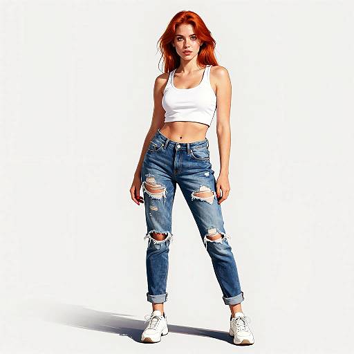 Photograph of a red-haired woman in a white crop top and ripped blue jeans, standing against a white background, wearing white sneakers.