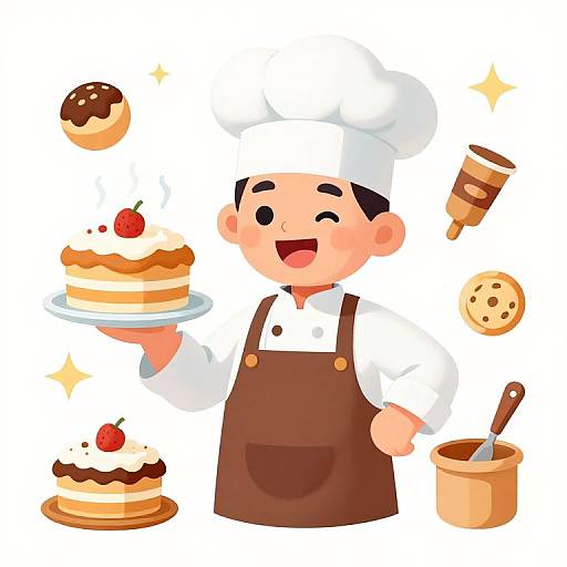 Cartoon chef in brown apron and white hat, holding cake with cherry, doughnut, cookie, rolling pin, and mixing bowl.