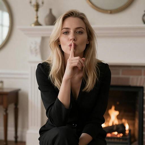 Blonde Woman Shushing by Lit Fireplace