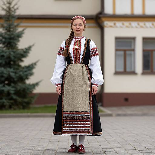 Photograph of a young woman in traditional Eastern European folk dress with braided red hair, white blouse, black dress, beige apron, and red