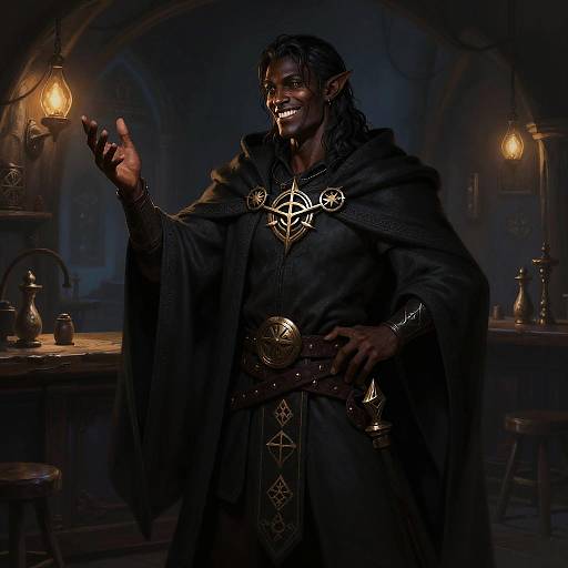 Male Drow Bard in Shadowy Tavern