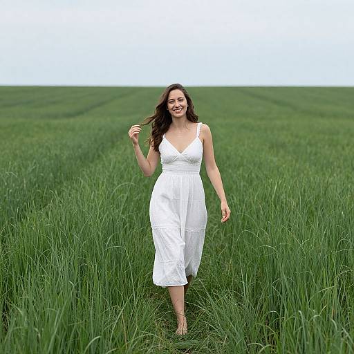 Photograph of a smiling woman with long brown hair, wearing a white sleeveless dress, walking through a lush green field.