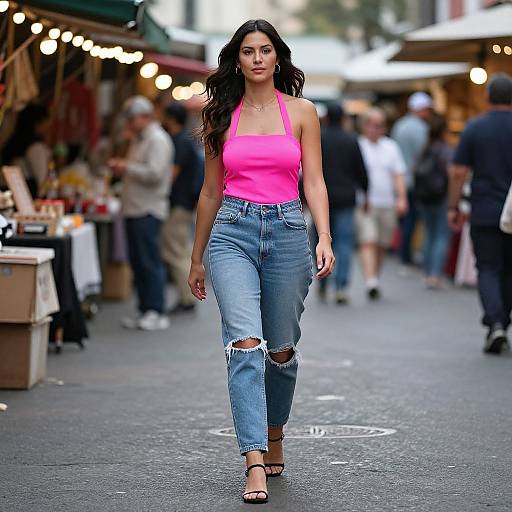 Photograph of a confident woman with long black hair, wearing a bright pink tank top and ripped blue jeans, walking down a bustling outdoor market street.