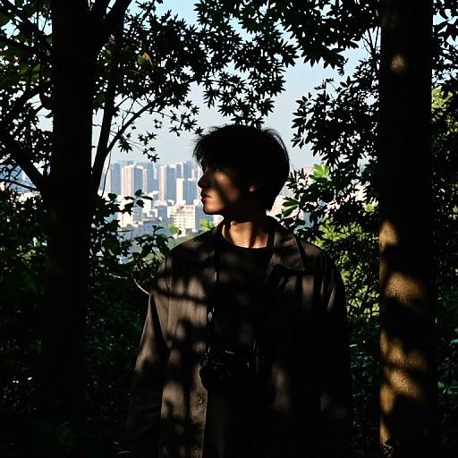 Silhouetted man with short hair stands in dense forest, sunlight filters through leaves, city skyline visible in background. Photograph.