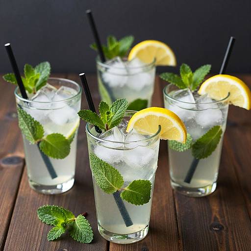 Photograph of four clear glasses with ice, mint leaves, lemon slices, black straws, on a wooden surface against a dark background.