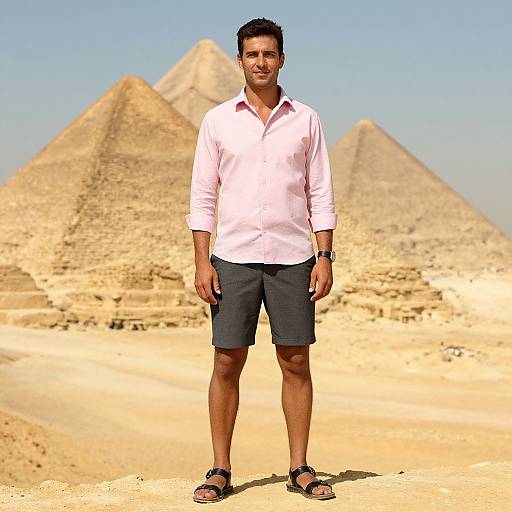 Photograph of a smiling South Asian man in a white shirt, dark shorts, and sandals standing in front of three pyramids.
