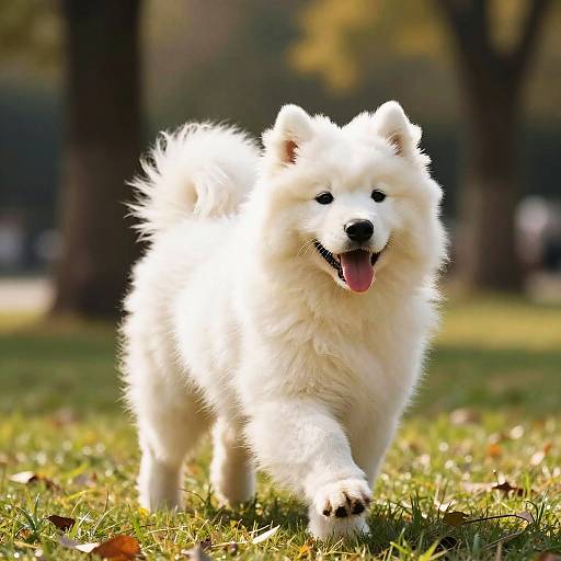 Sunlit Playful Samoyed Puppy Mid-Bounce