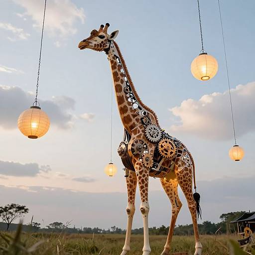 Photograph of a giraffe sculpture with intricate black metal patterns, standing in an African savanna at sunset, illuminated by three hanging paper lanterns.