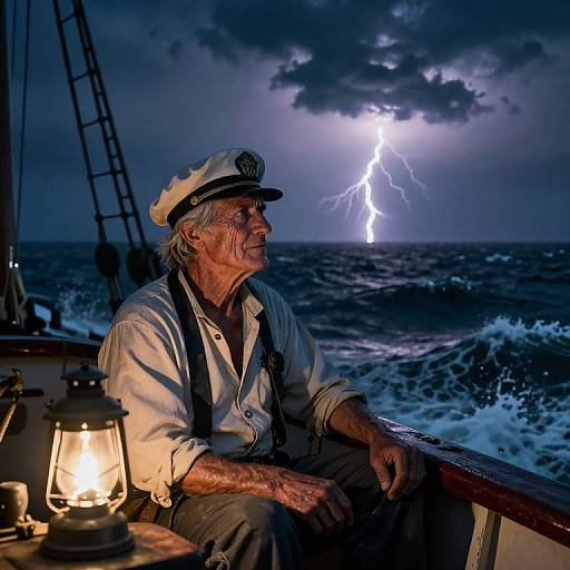 Photograph of an elderly sailor with white hair, wearing a captain's hat and white shirt, sitting on a boat during a lightning storm at night,