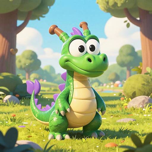 CGI cartoon of a cute, green, cartoon dragon with purple spines, big eyes, and a yellow belly, standing in a sunny, vibrant