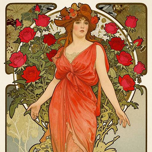 Art Nouveau-style digital illustration of a red-haired woman in a red dress, surrounded by vibrant red roses, with butterflies and intricate foliage in the background