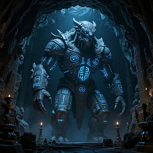 Digital artwork of a glowing blue, armored, horned giant in a dark, cavernous temple with lit torches and ancient carvings.