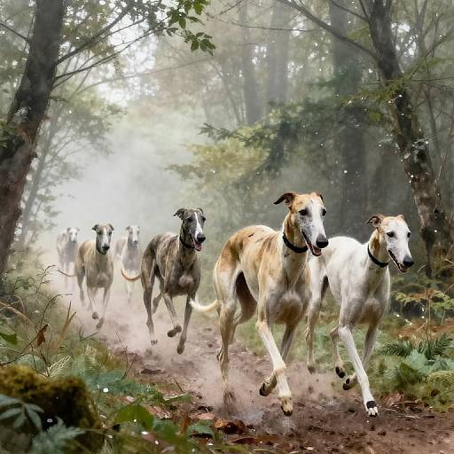 Photograph of a pack of greyhounds with various tan and white coats running on a dusty forest path, surrounded by misty, lush green trees