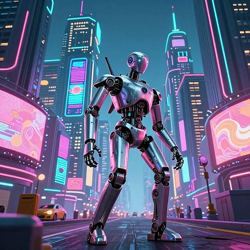 Cyberpunk cityscape at night featuring a shiny, metallic humanoid robot standing in the middle of a neon-lit street. Bright, colorful neon signs