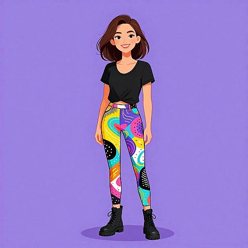 Digital illustration of a smiling woman with brown hair, wearing a black top, colorful abstract pants, and black boots, standing against a purple background.