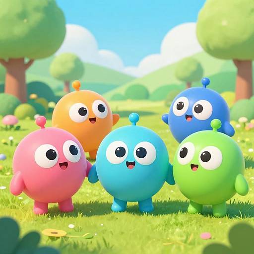 CGI image of five colorful, round, alien-like creatures with large eyes and small arms, standing in a bright, sunny, grassy park.