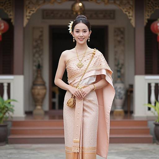 Photograph of an elegant Asian woman in a peach-colored, gold-embroidered traditional Thai dress, standing in front of a ornate temple entrance