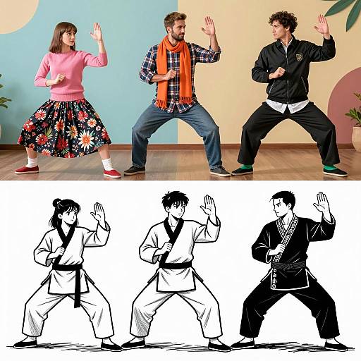 Three People and Anime Characters in Martial Arts Poses