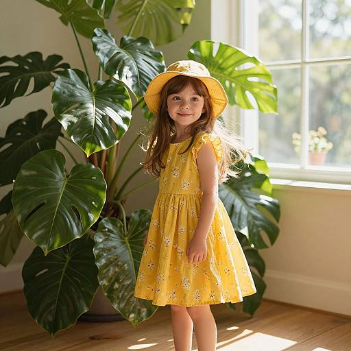 Photograph of a young girl with light brown hair, wearing a yellow sundress and sunhat, standing in a sunlit room with large green mon