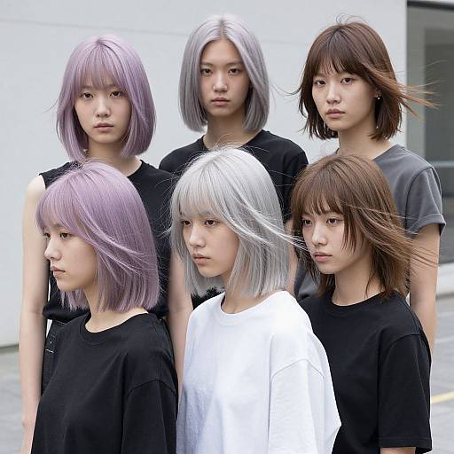 Photograph of five Asian women with varying pastel and natural hair colors, wearing black and white shirts, standing against a white background.