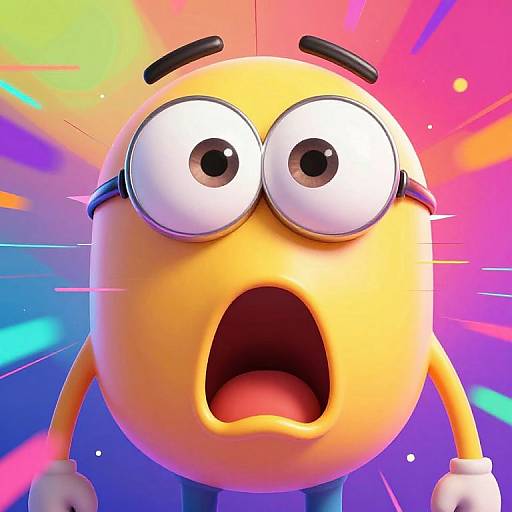 CGI cartoon yellow sphere with wide eyes and open mouth, looking surprised. Vibrant rainbow-colored background with streaks and dots.