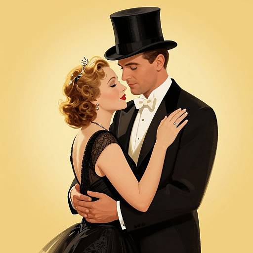 Digital illustration of a romantic couple in formal attire; woman in black dress, man in black tuxedo and top hat, yellow background.