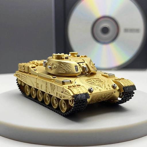 Photograph of a detailed, gold LEGO tank with intricate textures, set against a blurred CD in the background. The tank rests on a white circular base