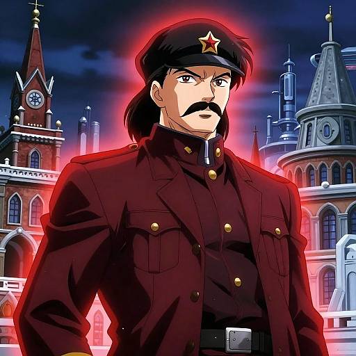 Digital anime-style drawing of a stern, mustached soldier in a red uniform with a star emblem, glowing red aura, against a dark, ornate