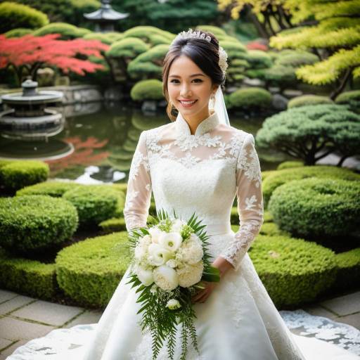 Asian Bride in Lace Wedding Dress Holding Bouquet