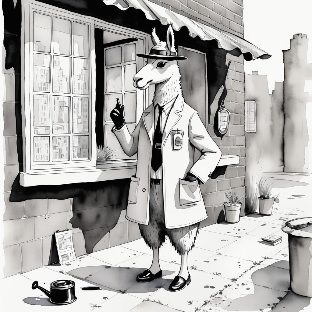 Whimsical Detective Llama Cartoon Scene