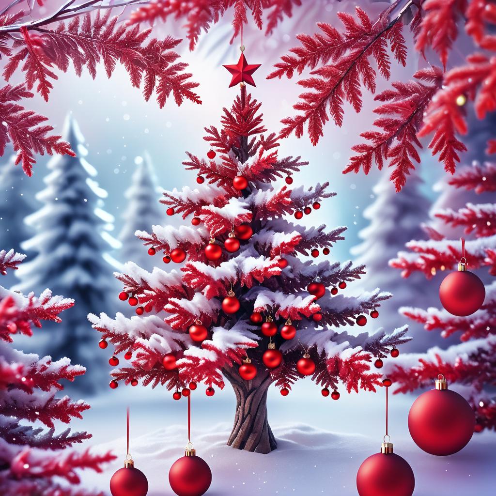 Enchanting Crimson Christmas Tree in Snow