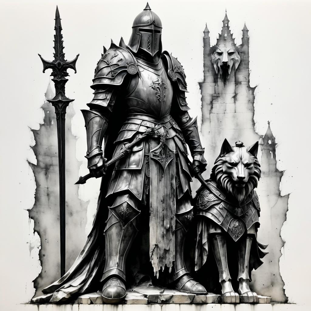 Haunting Knight Statue Ink Drawing