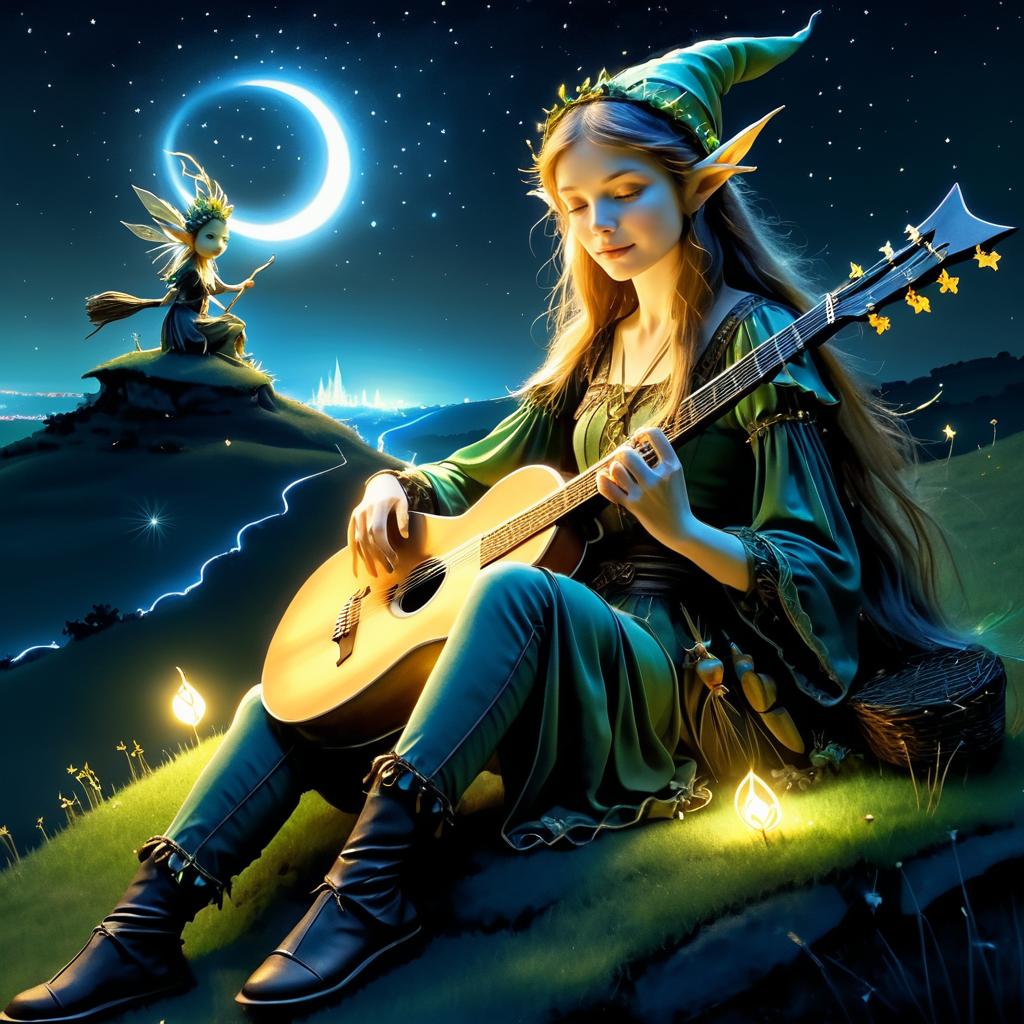 Magical Elf with Guitar Under Stars