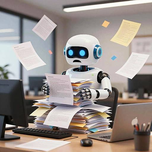 Photograph of a white, robotic office worker with blue eyes, overwhelmed by flying papers, sitting at a cluttered desk with a computer and laptop.