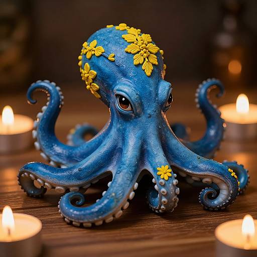 Photograph of a detailed, blue ceramic octopus with yellow flower decorations, surrounded by lit candles on a wooden surface.