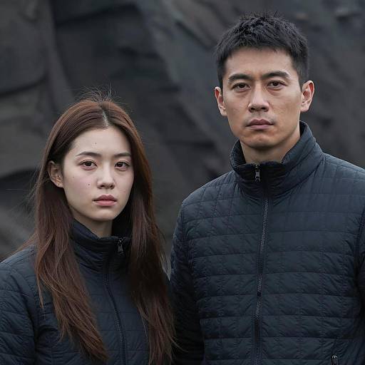 Serious young Asian couple in dark quilted jackets