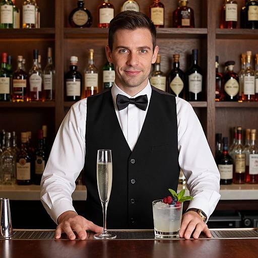 Photograph of a smiling male bartender with short brown hair, wearing a black vest and bow tie, standing behind a bar with various liquor bottles, holding