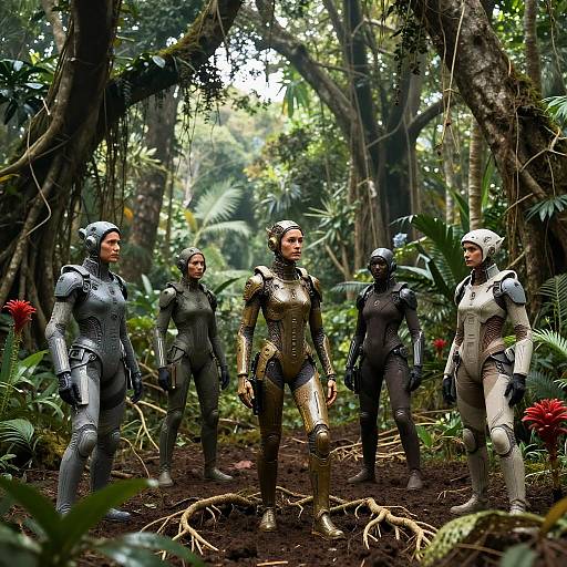 Photorealistic CGI of four futuristic, armored individuals in a dense, lush jungle, each with unique suit designs and colors, standing alert.