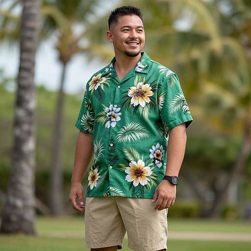 Photograph of a smiling Asian man with short black hair, wearing a green floral shirt, beige pants, and a black watch, standing outdoors in a