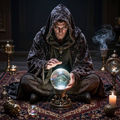 Photograph of a hooded man with intense gaze, holding a glowing orb, surrounded by candles, lanterns, and a dark, patterned rug