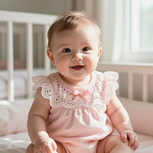 Photograph of a smiling baby with light brown hair, wearing a pink lace-trimmed dress, sitting in a sunlit white crib.