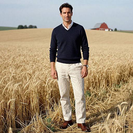 Photograph of a handsome man with short dark hair, wearing a navy sweater, white pants, and brown shoes, standing in a golden wheat field with
