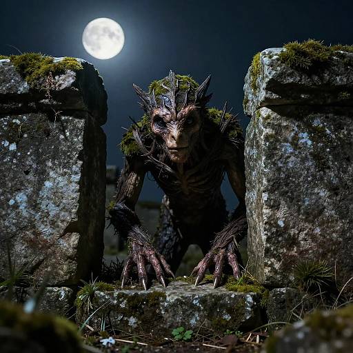 Mystical Creature in Moonlit Ruins