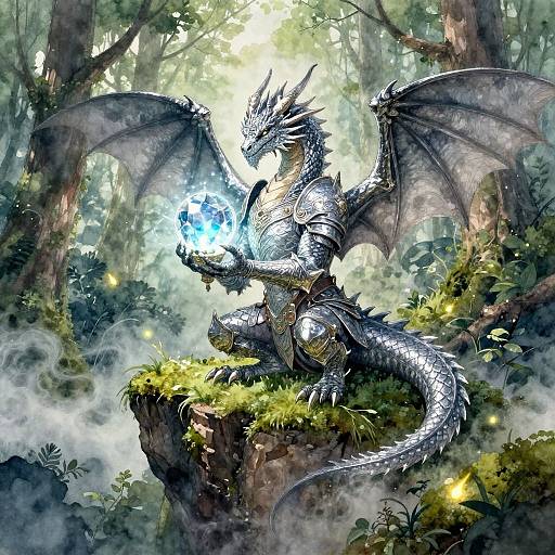 Digital fantasy artwork of a silver-scaled, armored dragon with blue glowing orb, perched on mossy forest cliff, wings spread wide.
