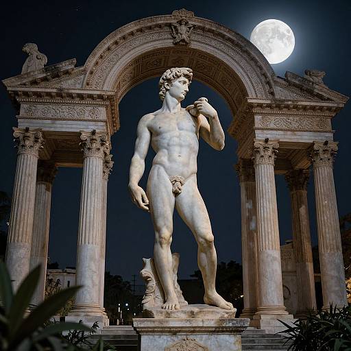 Photograph of a white marble statue of a nude, muscular male figure with an erect penis, standing under an ornate, moonlit archway with