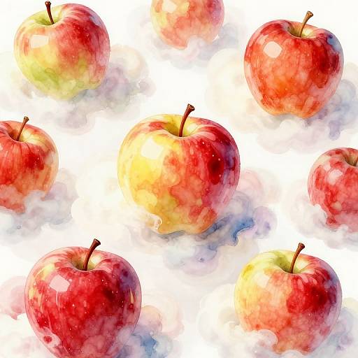 Watercolor painting of seven vibrant red apples with yellow-green highlights, scattered on a white background with soft, cloudy shadows.