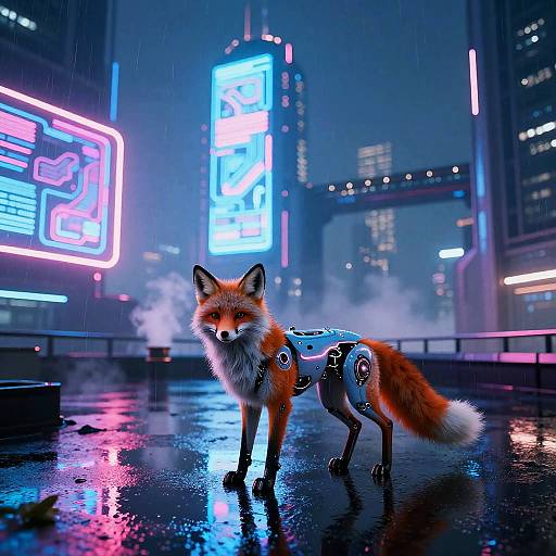 Neon Cybernetic Fox on Rooftop Garden