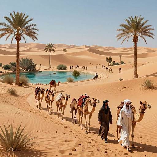 Photograph of a desert caravan with camels, led by men in traditional white robes, walking towards a blue oasis pool amidst golden sand dunes and